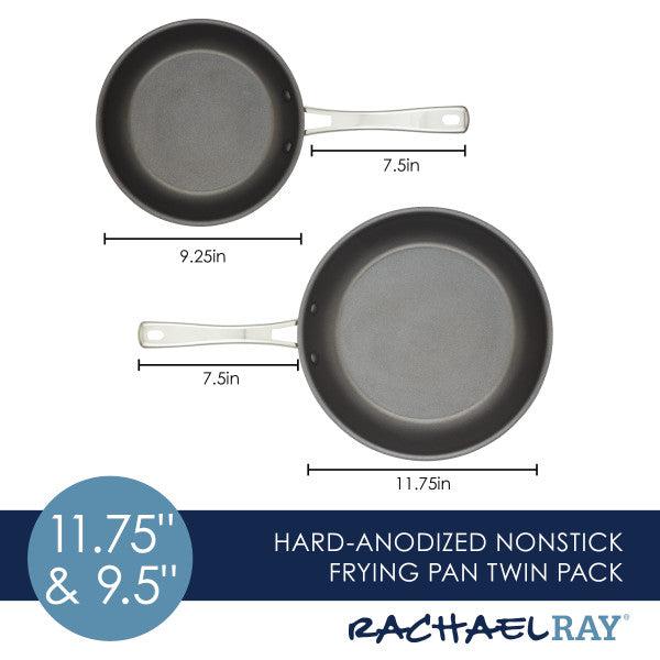 The 2-Piece Cook + Create Hard Anodized Nonstick Frying Pan Set includes two aluminum frying pans, sized at 9.25" and 11.75", with elegant silver handles designed for easy maneuverability in the kitchen.