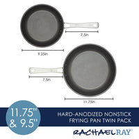 The 2-Piece Cook + Create Hard Anodized Nonstick Frying Pan Set includes two aluminum frying pans, sized at 9.25" and 11.75", with elegant silver handles designed for easy maneuverability in the kitchen.
