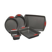 The 5-Piece Nonstick Bakeware Set comprises five pans made from heavy gauge steel, equipped with red handle grips, and can withstand oven temperatures up to 500°F.