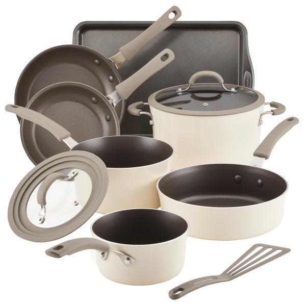 Explore the ideal Cook + Create Nonstick Cookware Sets, including an assortment of pans, pots, lids, a baking tray, and a spatula. Each piece is crafted for durability and convenience, featuring oven-safe capabilities and scratch-resistant surfaces to guarantee enduring performance in your culinary endeavors.