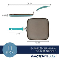 Diagram showcasing the dimensions of the 11-Inch Cook + Create Nonstick Square Griddle Pan, crafted from thicker gauge aluminum for superior stovetop performance.