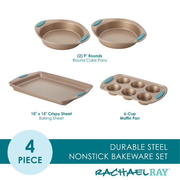 Rachael Ray Nonstick Bakeware Set with Grips includes Nonstick Baking Pans,  Baking Sheet and Nonstick Bread Pan - 5 Piece, Gray with Marine Blue