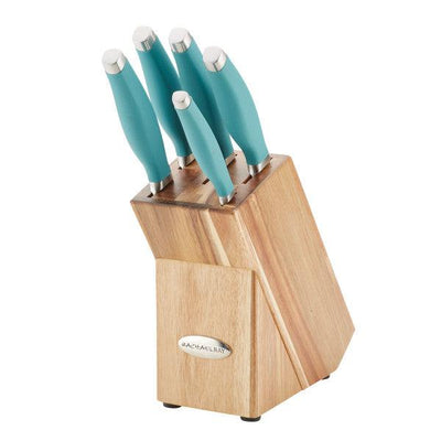 This 6-Piece Knife Block Set stylishly accommodates five teal-handled knives made from Japanese stainless steel.