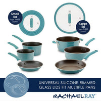 The Cook + Create Nonstick Cookware Sets feature glass lids and include pots and pans by Rachael Ray, providing exceptional scratch resistance and oven-safe convenience.