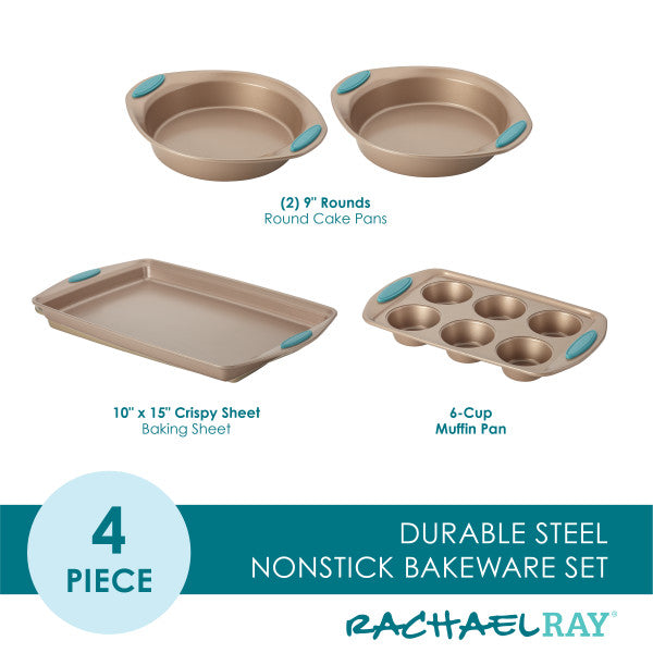 The 4-Piece Nonstick Bakeware Set features a collection of heavy gauge steel cake pans, a baking sheet, and a muffin pan, all expertly crafted to be oven safe for exceptional baking results.