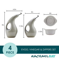 The EVOO Bottle and Ramekin Dipper Set features two ceramic dispensers that are perfect for holding extra virgin olive oil, along with a bowl that has measurement markings. The entire set is safe for use in the dishwasher, ensuring effortless cleaning.
