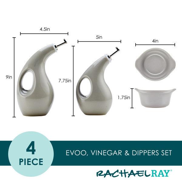 The EVOO Bottle and Ramekin Dipper Set features two ceramic dispensers that are perfect for holding extra virgin olive oil, along with a bowl that has measurement markings. The entire set is safe for use in the dishwasher, ensuring effortless cleaning.