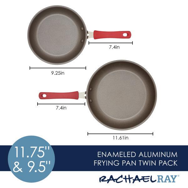 The 2-Piece Cook + Create Nonstick Frying Pan Set includes two aluminum pans with nonstick surfaces, red handles, and size markings.