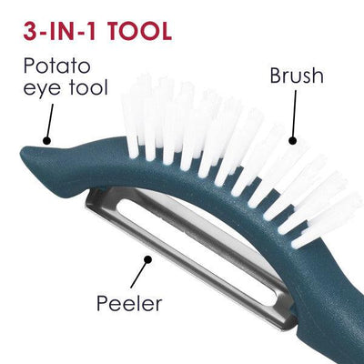 3-in-1 kitchen tool with peeler, brush, and potato eye tool.