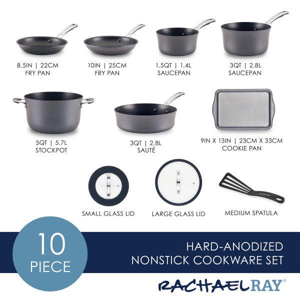 The Cook + Create Hard Anodized Nonstick Cookware 10-piece set, complete with tempered glass lids, is elegantly displayed with labels.
