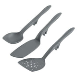 Three gray kitchen utensils: spoon, spatula, and slotted turner.