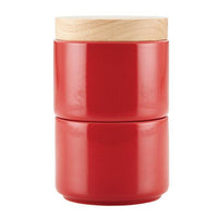 Introducing the Stacking Spice Box Set, featuring a red ceramic container with a wooden lid. It's an ideal choice for those looking to add a stylish touch to their spice collection or seeking convenient stacking options in the kitchen.