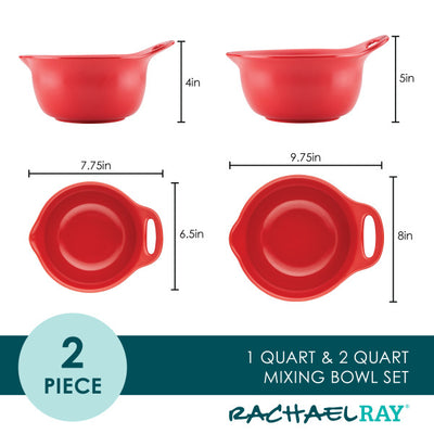 Red mixing bowl set, 1 quart and 2 quart, with measurements shown.