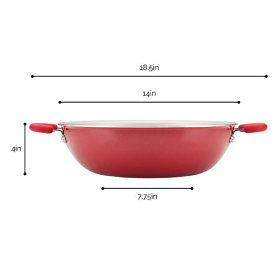 Red cooking pan with measurements: 18.5in, 14in, 4in, and 7.75in.