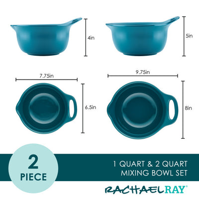 Two teal mixing bowls with measurements: 1-quart and 2-quart sizes.