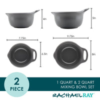 The Rachael Ray 2-Piece Ceramic Mixing Bowl Set features gray mixing bowls with handles, available in 1 quart and 2 quart sizes. These versatile kitchen bowls are perfect for any task and are conveniently dishwasher safe.