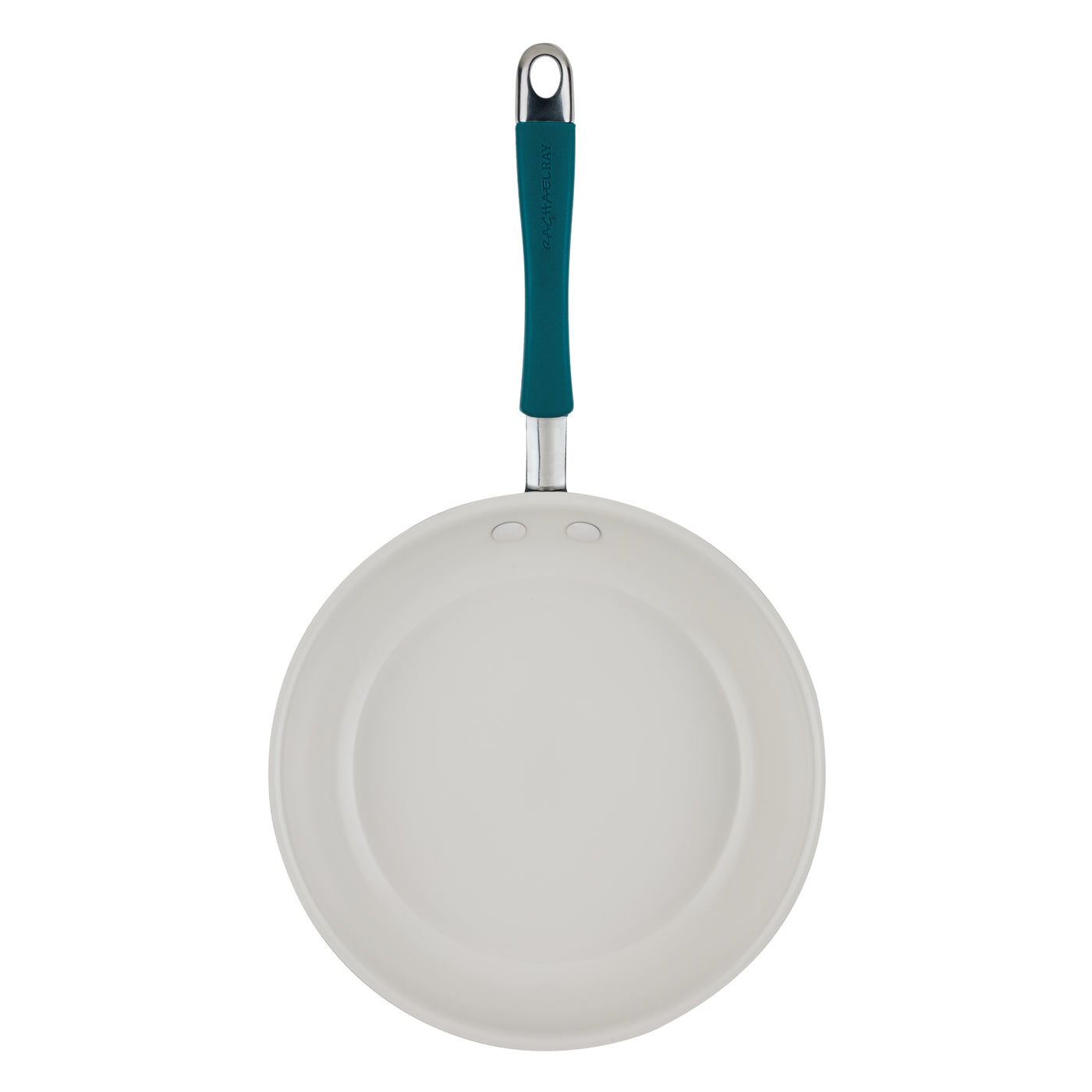 10-piece ceramic nonstick cookware set, white with teal handle, top view.