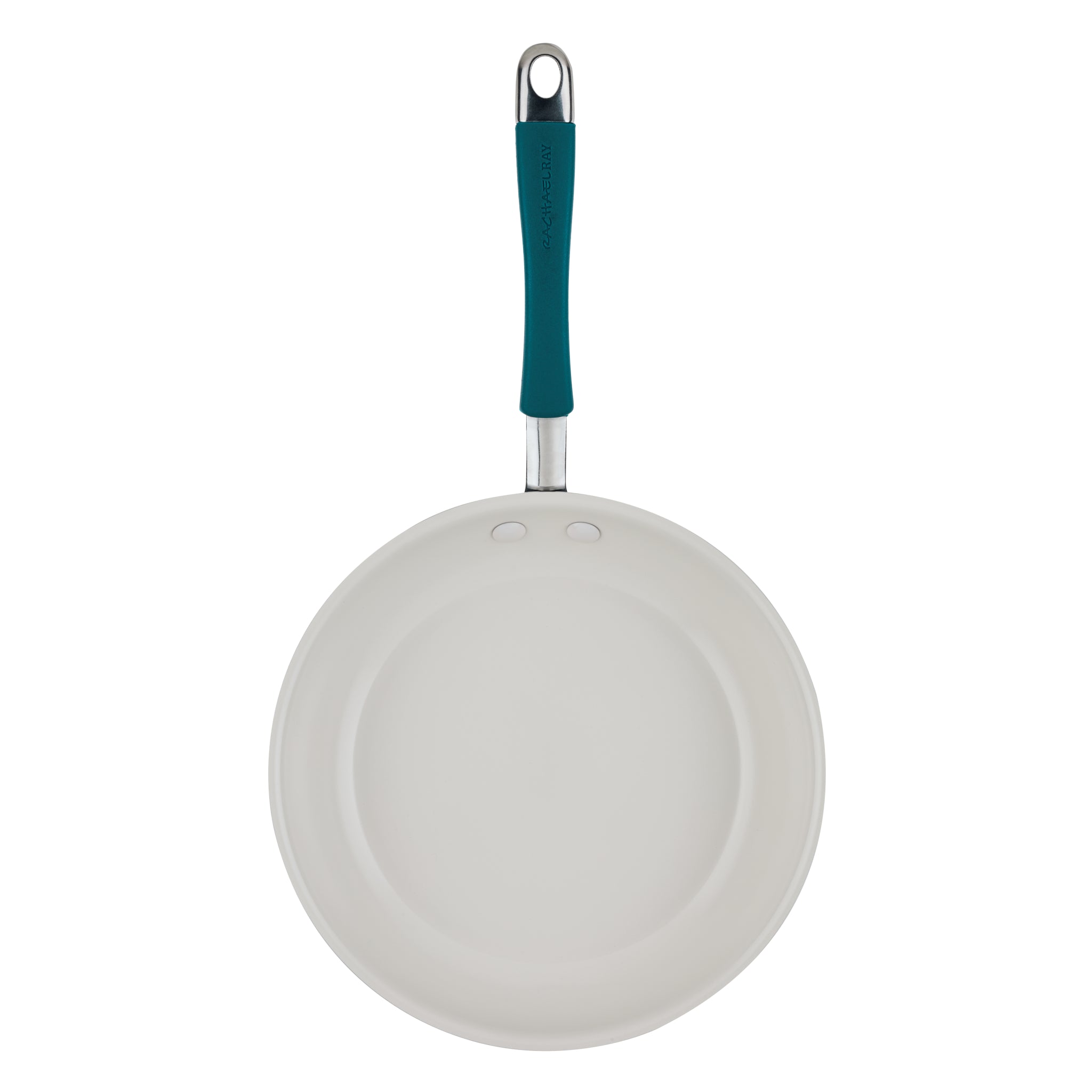 10-piece ceramic nonstick cookware set, white with teal handle, top view.
