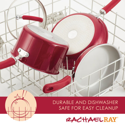 Red pots and pans set in a dishwasher rack, with brand logo and description.