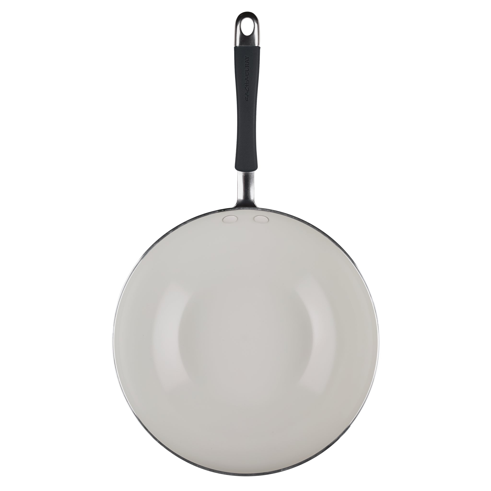 Ceramic Nonstick Stir Fry Pan with black handle, top view.