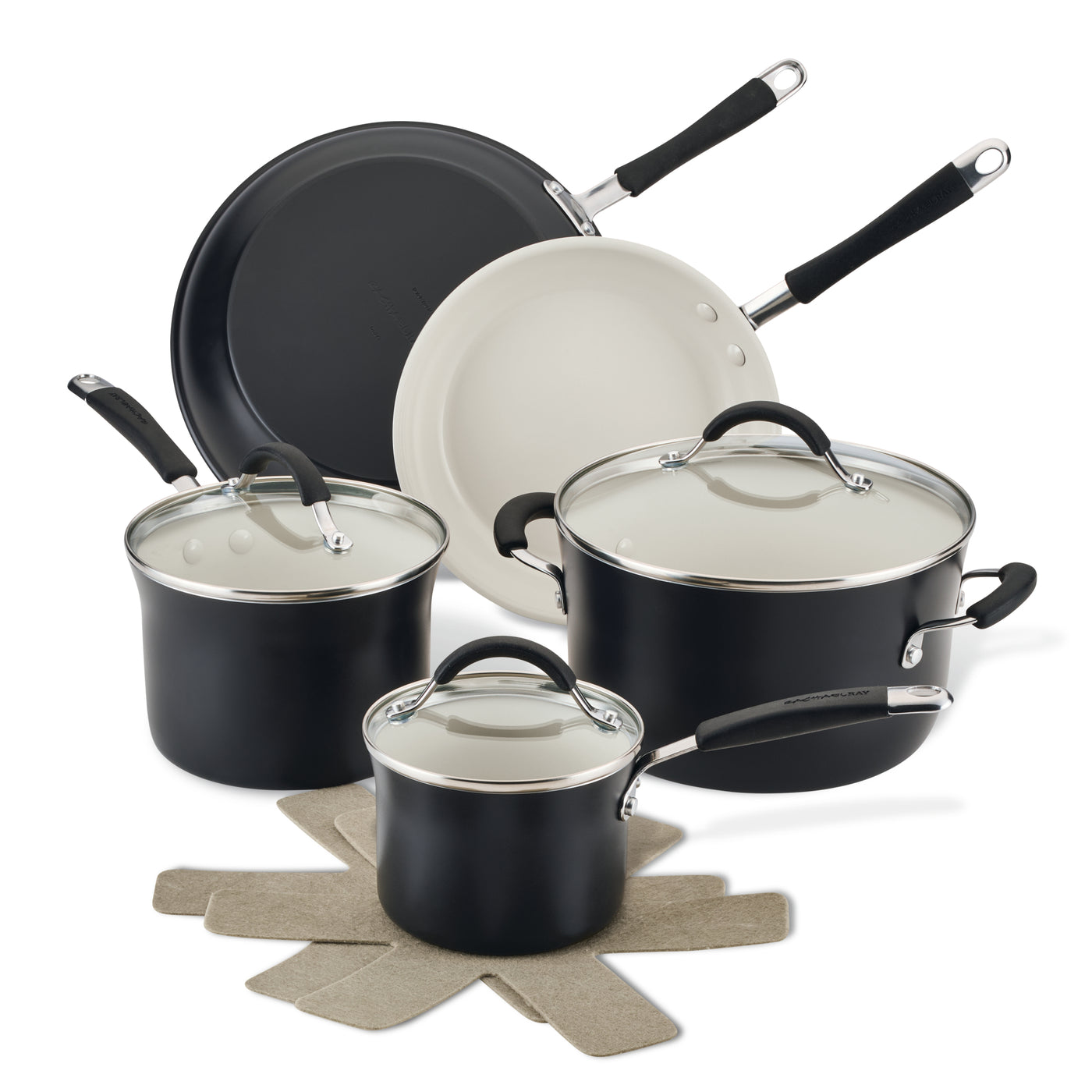 10-Piece Ceramic Nonstick Cookware Set with pots, pans, lids, and felt pads.