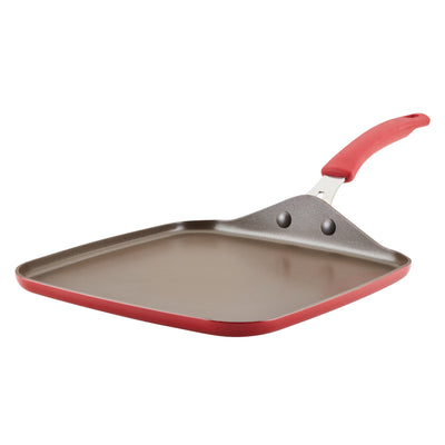 Red-handled square frying pan with a non-stick surface.