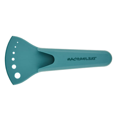 Turquoise kitchen tool with measurements and the brand name.