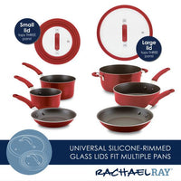 The Cook + Create Nonstick Cookware Sets come in red and include silicone-rimmed glass lids in two sizes, offering both oven safety and scratch resistance for enhanced durability and style.