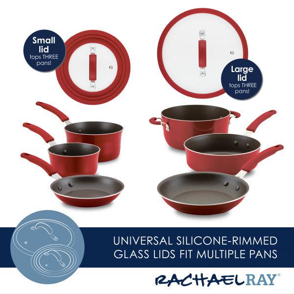 The Cook + Create Nonstick Cookware Sets come in red and include silicone-rimmed glass lids in two sizes, offering both oven safety and scratch resistance for enhanced durability and style.
