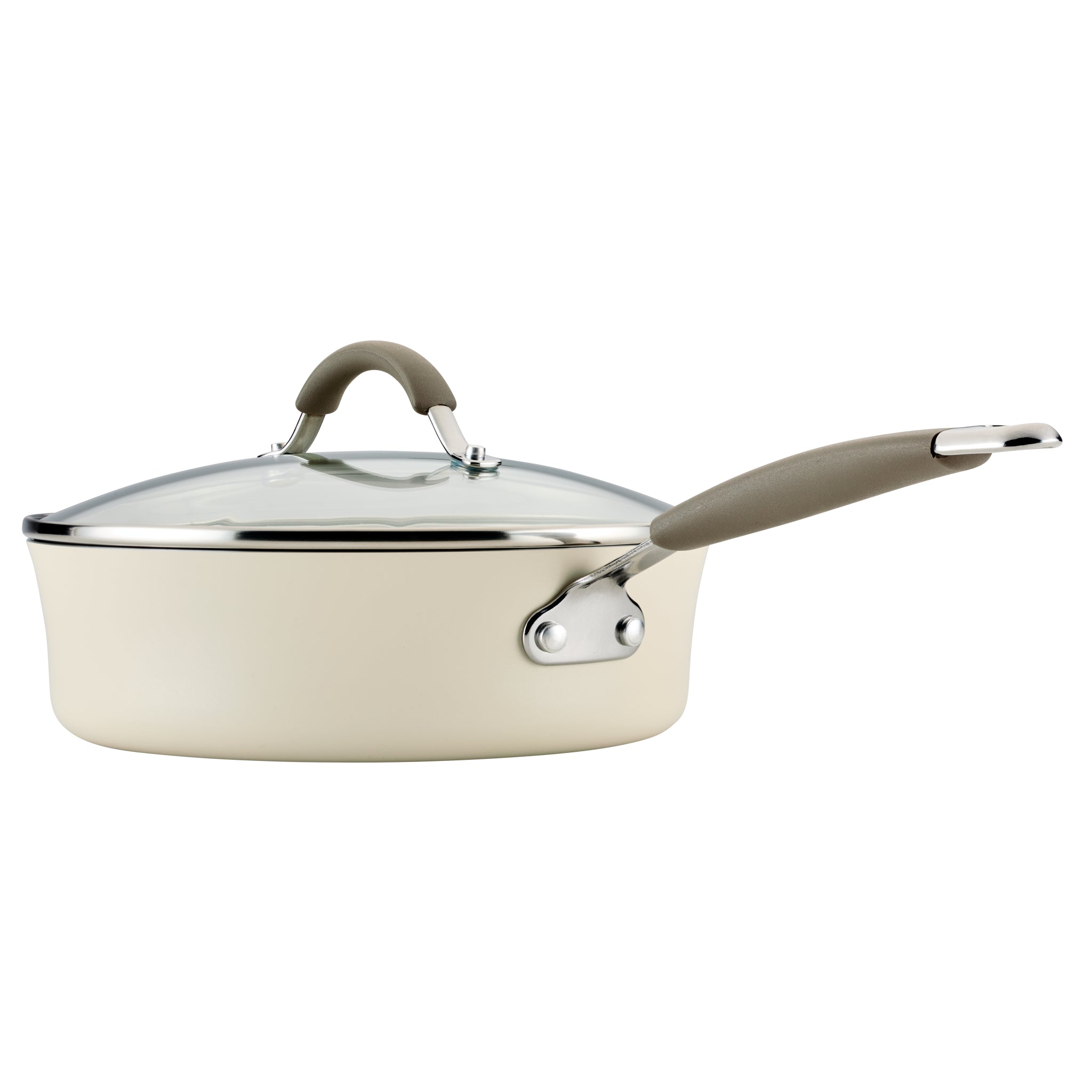 Ceramic Nonstick Saute Pan with glass lid and gray handle, cream color side view.