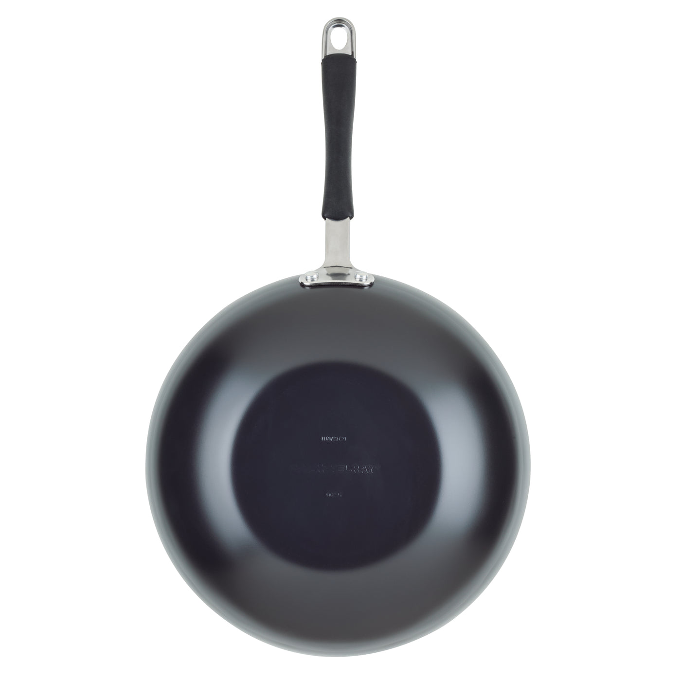 A Ceramic Nonstick Stir Fry Pan with a metal and black handle, top view.