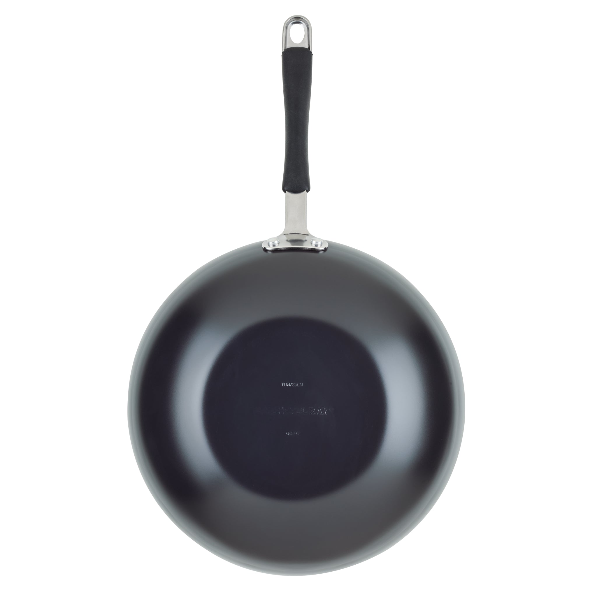 A Ceramic Nonstick Stir Fry Pan with a metal and black handle, top view.