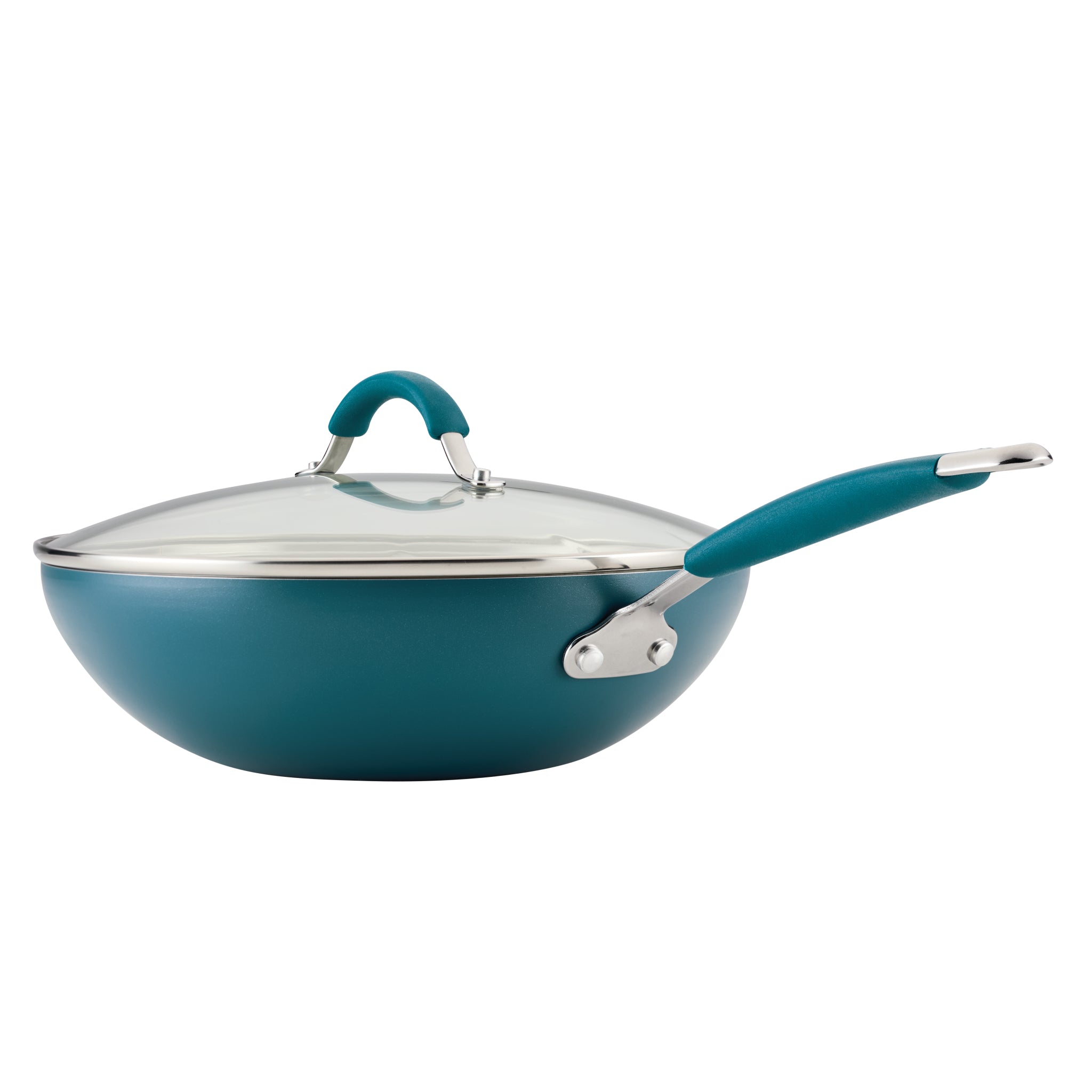 Ceramic Nonstick Stir Fry Pan with glass lid and aluminum handle, teal color.