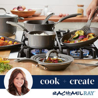A range of cookware, highlighted by the stylish 3-Quart Cook + Create Nonstick Saucier Pan, is being used expertly in a kitchen that looks like it's straight from the Food Network.