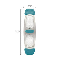 Cheese grater with turquoise handles, 12.5in x 3.25in, flat design.