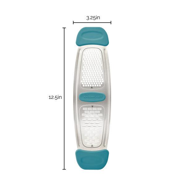 Cheese grater with turquoise handles, 12.5in x 3.25in, flat design.