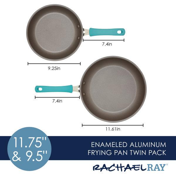 The 2-Piece Cook + Create Nonstick Frying Pan Set includes two frying pans made of enameled aluminum, featuring teal handles, with sizes of 11.75" and 9.5".