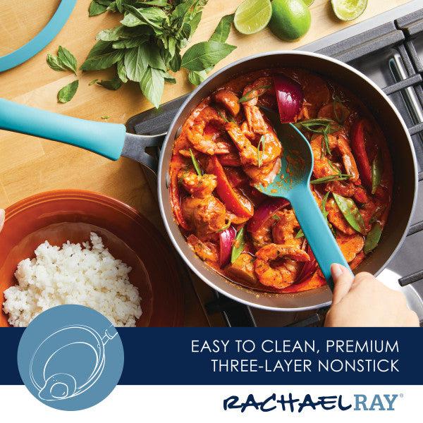 Overhead view of a shrimp dish cooking in the 3-Quart Cook + Create Nonstick Sauté Pan with Lid, with rice nearby.