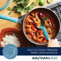 Overhead view of a shrimp dish cooking in the 3-Quart Cook + Create Nonstick Sauté Pan with Lid, with rice nearby.