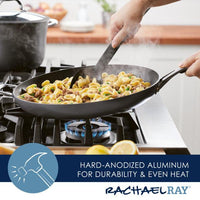 Cooking pasta in the Cook + Create Hard Anodized Nonstick Frying Pan on a stovetop, with steam rising gracefully.
