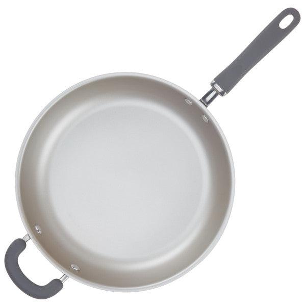 Top view of an empty Nonstick Induction Deep Frying Pan with two black handles.