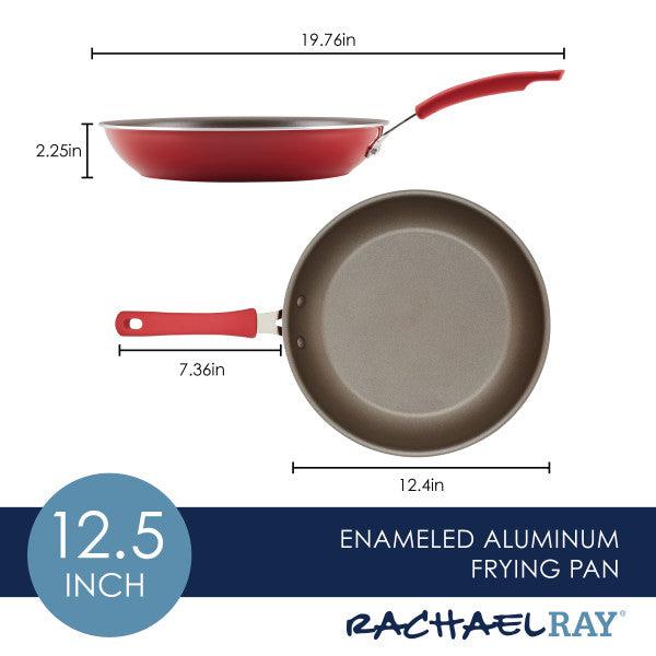 Illustration of a red, 12.5-inch Cook + Create Nonstick Frying Pan, made from thicker gauge enameled aluminum for enhanced durability and performance, with detailed dimensions included.