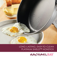Pan with fried eggs, text: "Long-lasting, easy-to-clean nonstick.