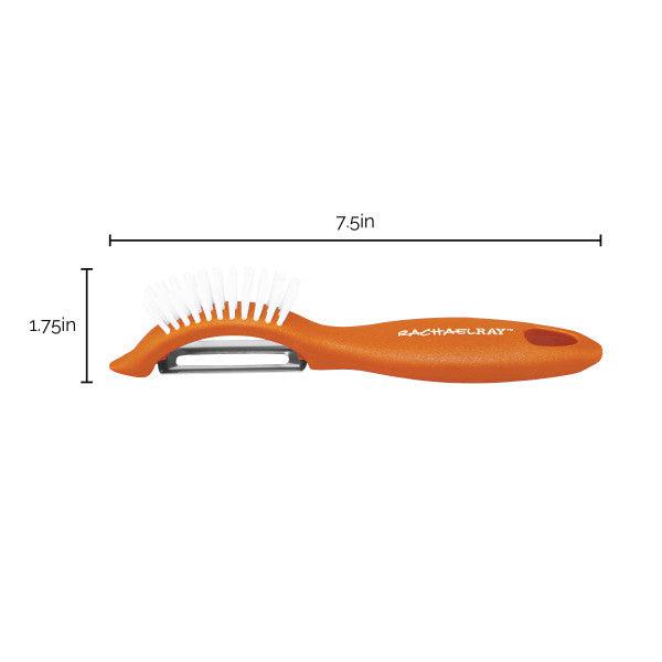 Introducing the Veg-A-Peel 3-in-1 Tool: an orange kitchen brush and versatile kitchen gadget with a built-in scraper, measuring 7.5 x 1.75 inches, designed to be dishwasher safe for effortless cleaning.