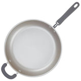 A non-stick frying pan with dual handles, viewed from above.