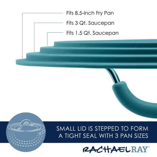 The Cook + Create Nonstick Cookware Sets feature a tempered glass lid with a stepped design, perfectly fitting an 8.5-inch fry pan and 1.5, 3 qt. saucepans, providing scratch resistance and compatibility with nonstick surfaces.