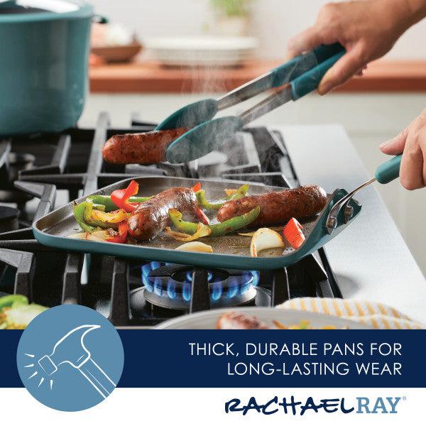 Using the 11-Inch Cook + Create Nonstick Square Griddle Pan to cook sausages and vegetables guarantees perfect stovetop performance.