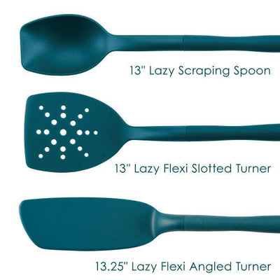 Three blue kitchen utensils with labeled descriptions on a white background.