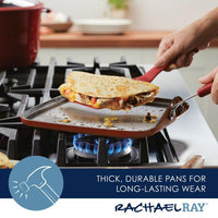A person deftly flips a quesadilla on the 11-Inch Cook + Create Nonstick Square Griddle Pan, showcasing excellent stovetop performance over the gas stove burner.