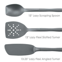 Introducing the 3-Piece Lazy Spoon and Turner Set, featuring three gray kitchen utensils made from durable nylon. Each piece is clearly labeled with its name and size, making it an ideal choice for nonstick pots and pans. These versatile tools are designed to elevate your cooking experience while safeguarding your cookware's integrity.